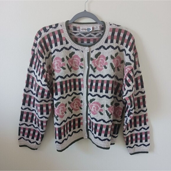 Vintage Paul Harris Design Cardigan Sweater Geometric Beige Pink Size M - Picture 1 of 3
